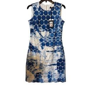 DKNY Women's Sheath Dress 2 NWT Painted Circle Lace Blue‎ White